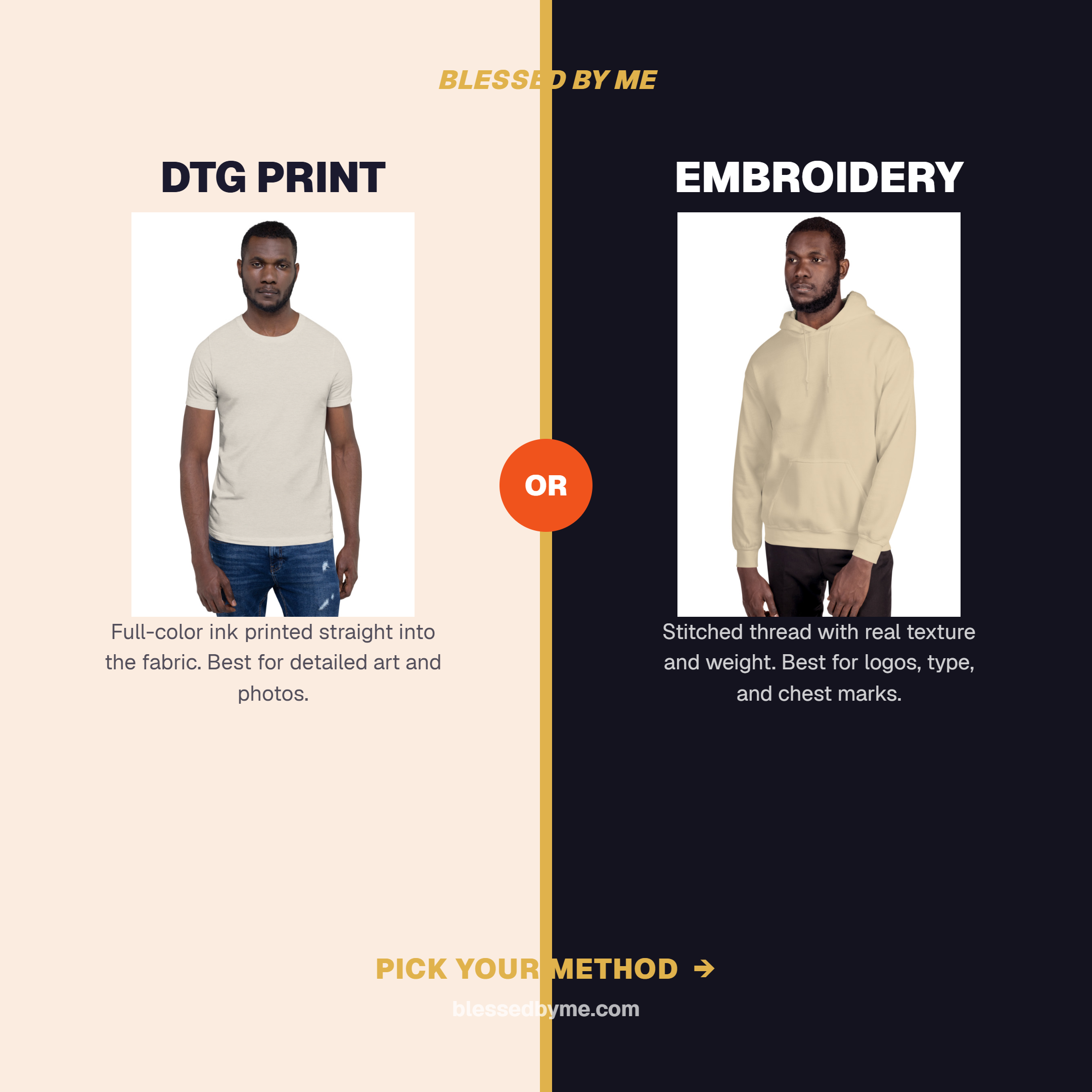 DTG print versus embroidery comparison ad