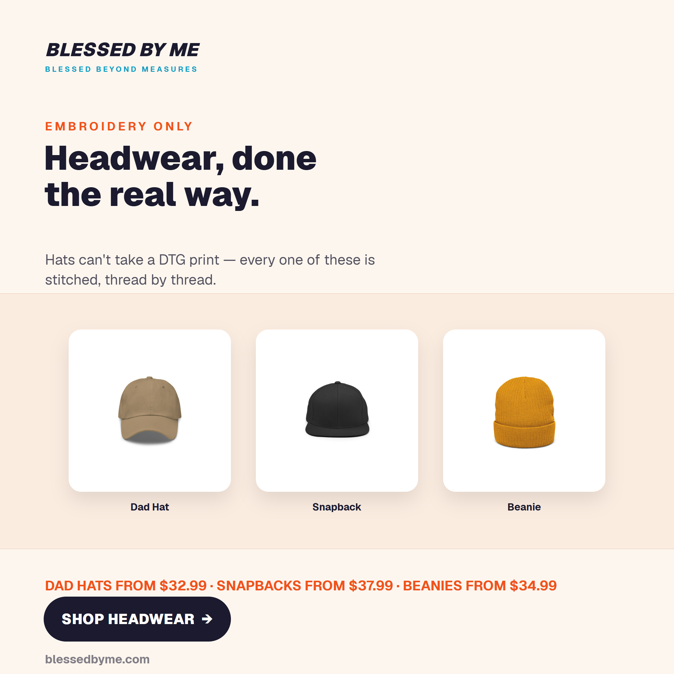 Embroidery-only headwear ad: dad hat, snapback and beanie